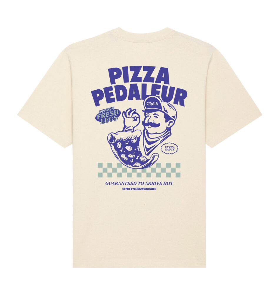 Back view of cypha cycling Pizza Pedaleur T-Shirt in natural cotton