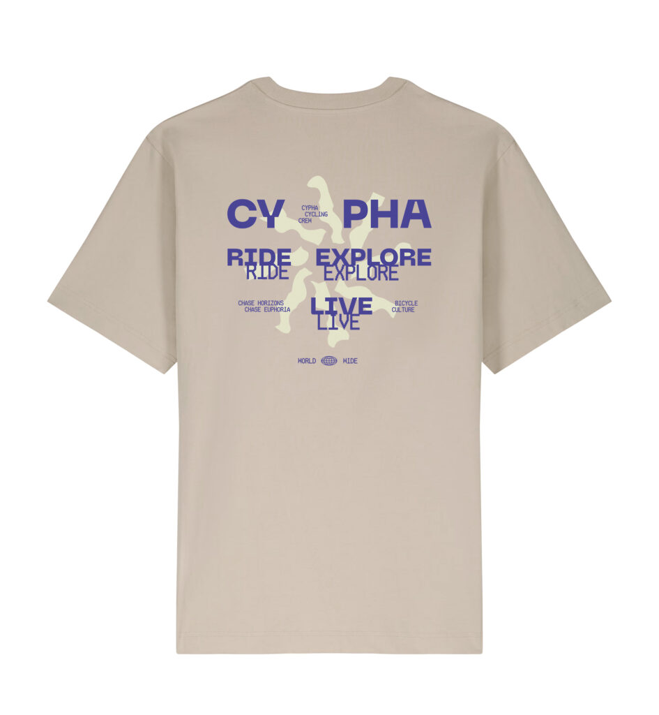 Back view of cypha cycling Ride Explore Live T-Shirt in light brown